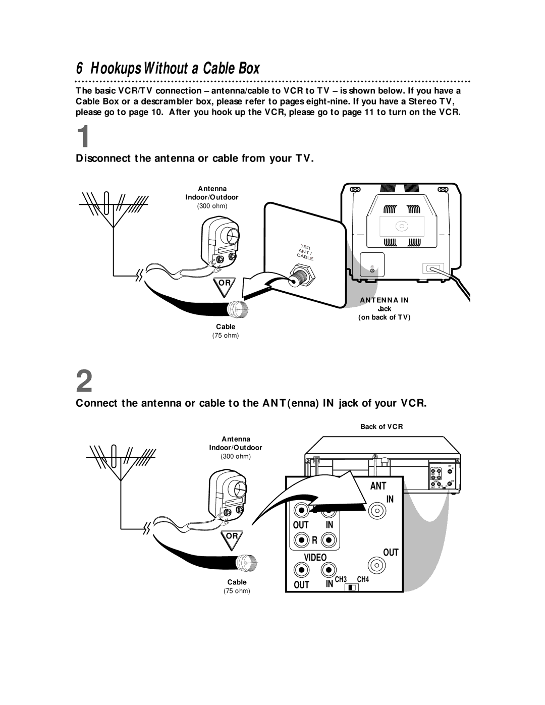 Philips VRX360AT owner manual Hookups Without a Cable Box, Disconnect the antenna or cable from your TV 