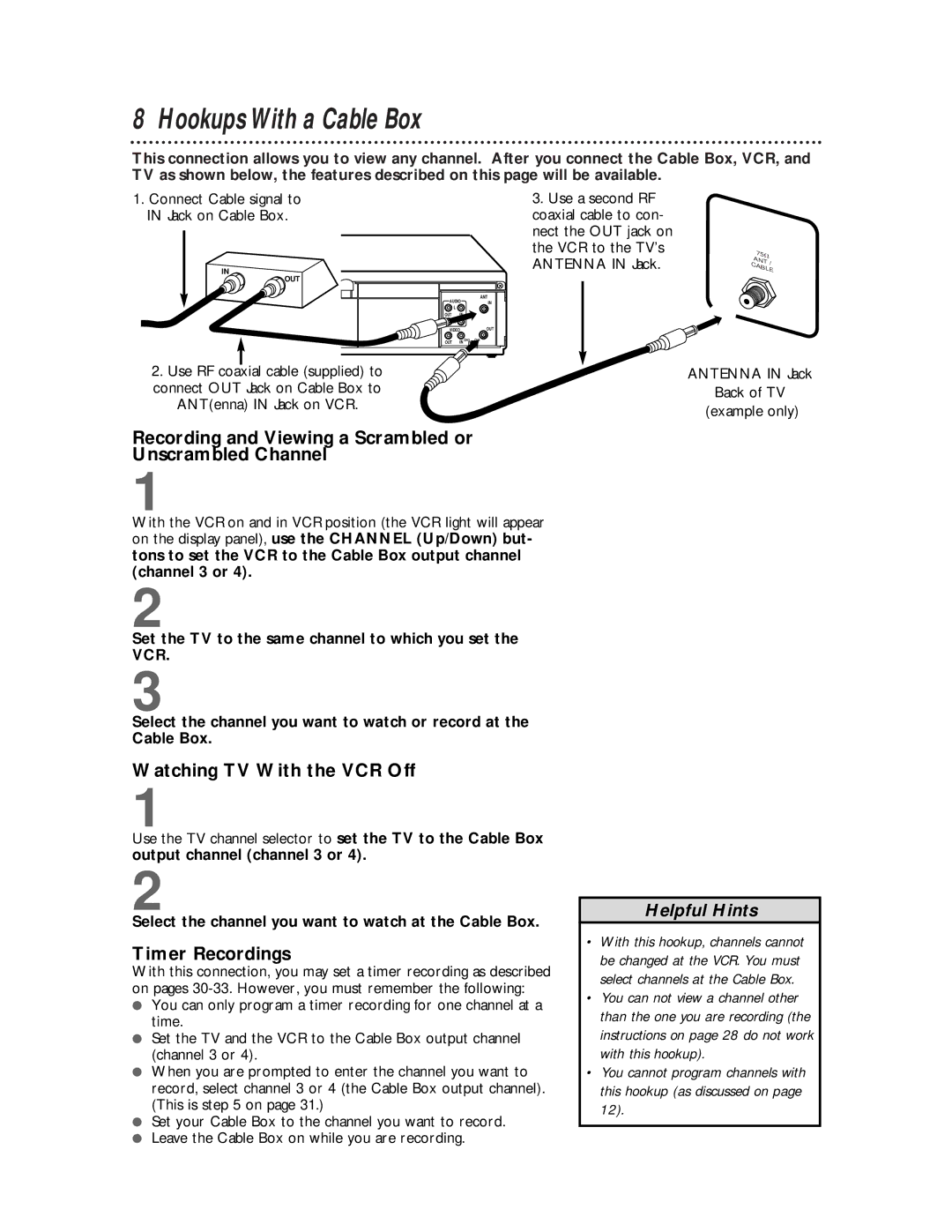 Philips VRX360AT Hookups With a Cable Box, Recording and Viewing a Scrambled or Unscrambled Channel, Timer Recordings 