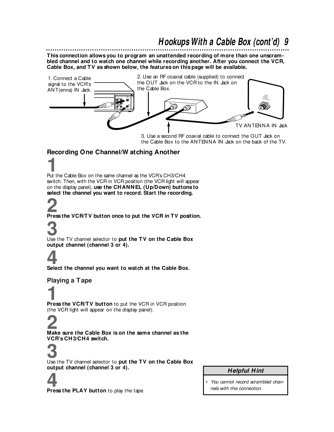 Philips VRX360AT owner manual Hookups With a Cable Box cont’d, Recording One Channel/Watching Another, Playing a Tape 