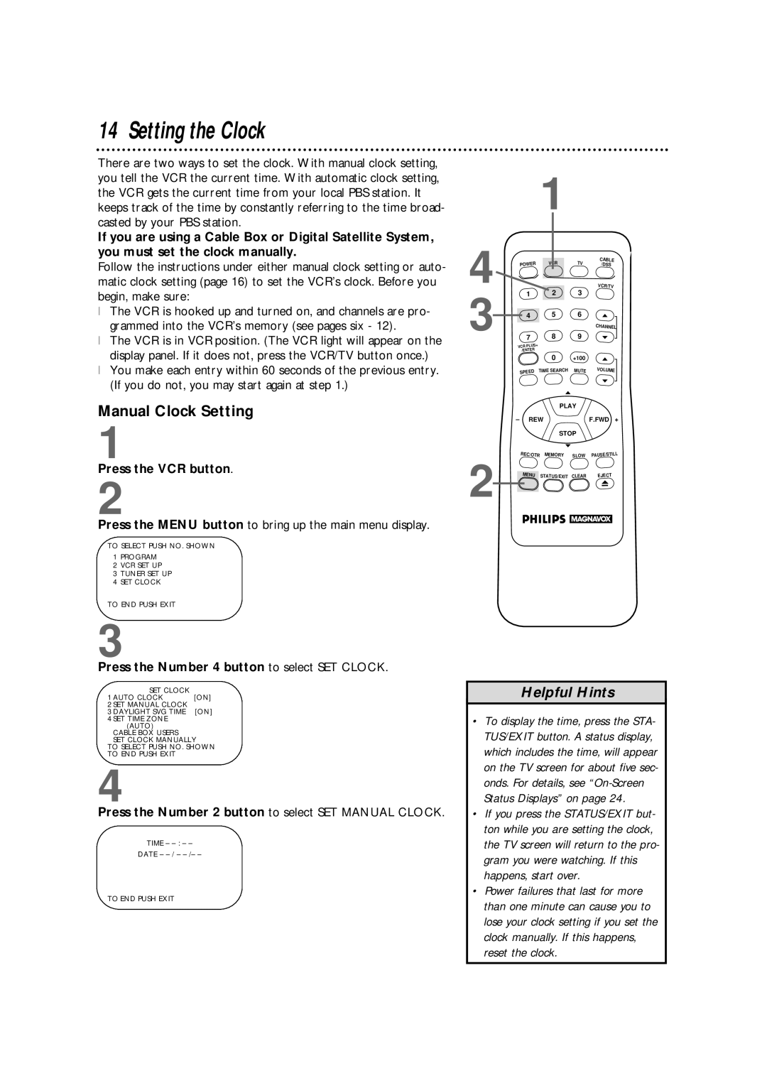 Philips VRX362AT warranty Setting the Clock, Manual Clock Setting, Press the Number 4 button to select SET Clock 