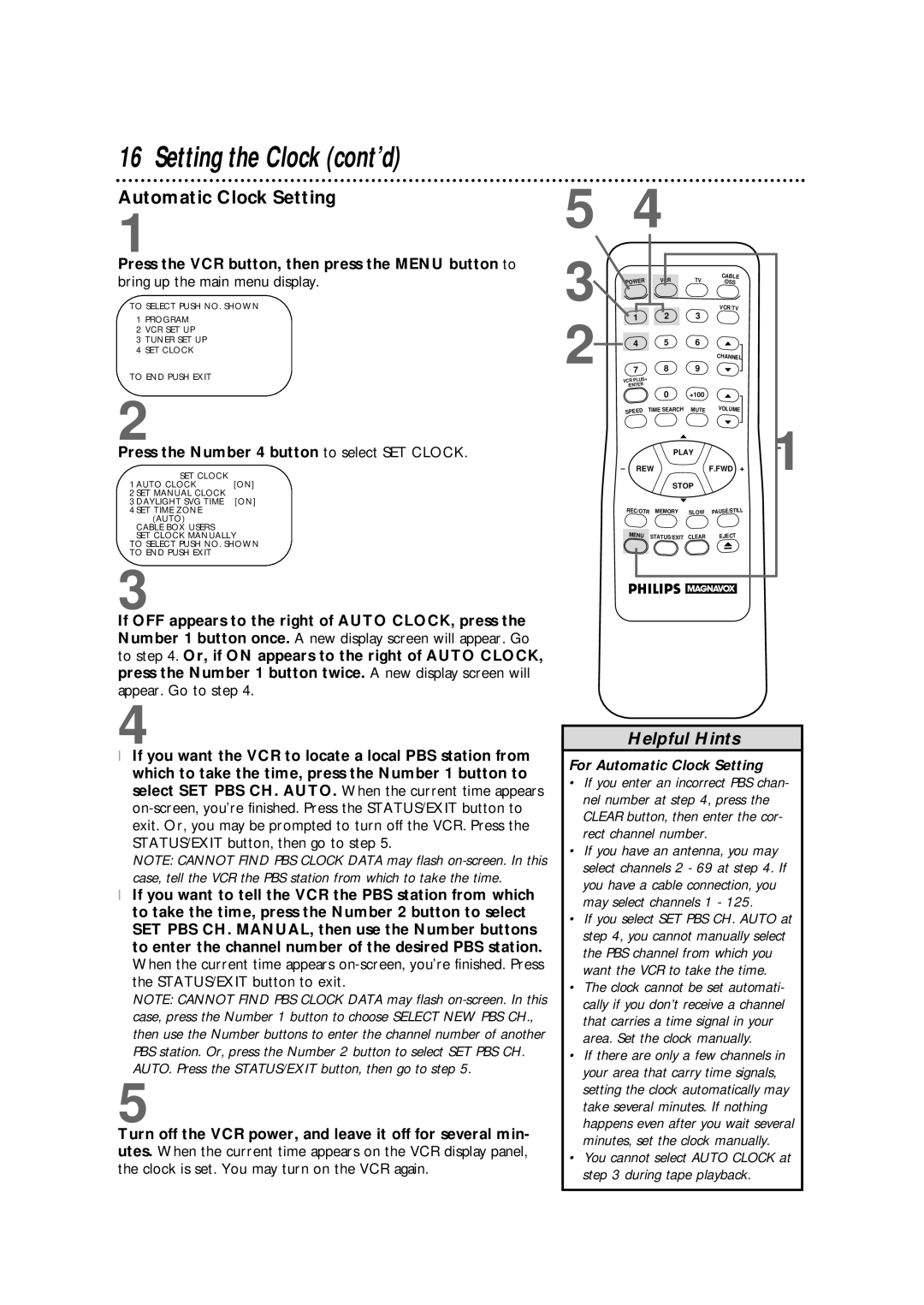 Philips VRX362AT Setting the Clock cont’d, Automatic Clock Setting, Press the VCR button, then press the Menu button to 