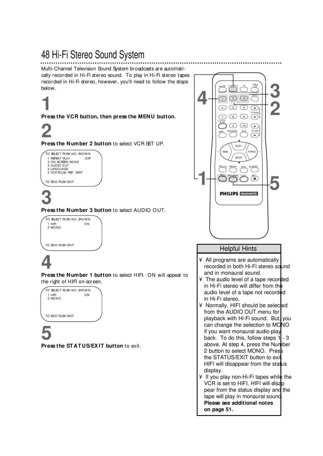 Philips VRX362AT Hi-Fi Stereo Sound System, Press the Number 3 button to select Audio OUT, Please see additional notes 