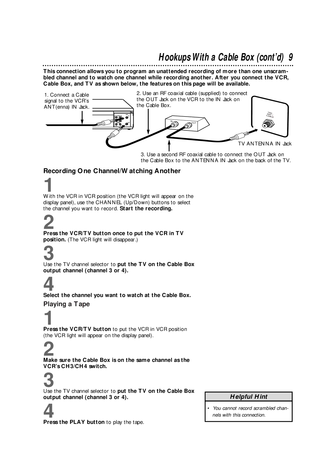 Philips VRX362AT warranty Hookups With a Cable Box cont’d, Recording One Channel/Watching Another, Playing a Tape 