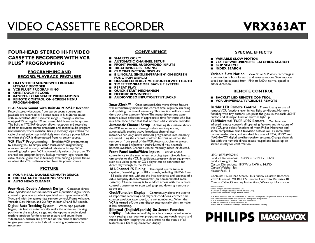 Philips VRX363AT manual Programming RECORD/PLAYBACK Features, Picture, Convenience, Special Effects, Remote Control 