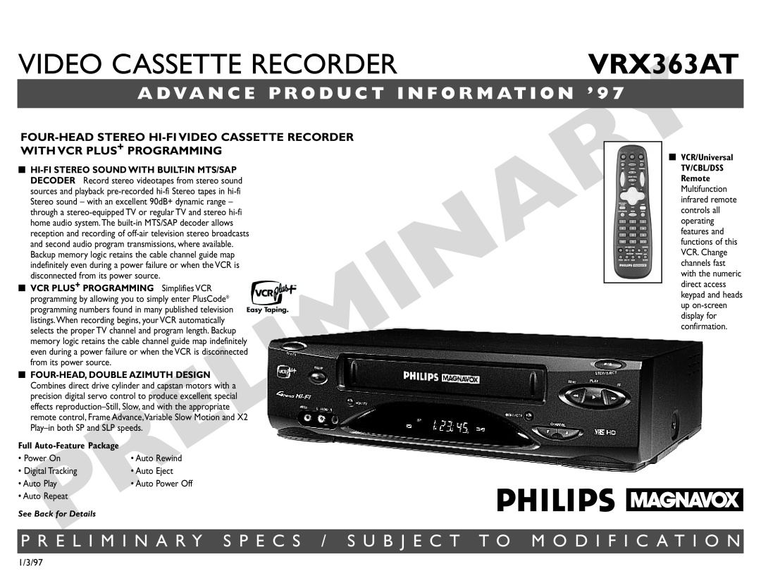 Philips manual VIDEO CASSETTE RECORDERVRX363AT, Full Auto-Feature Package, VCR/Universal, 1/3/97, Power On, Auto Rewind 
