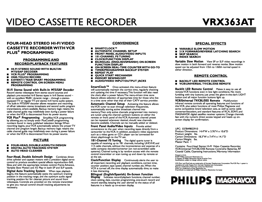 Philips VRX363AT Video Cassette Recorder, Programming And Record/Playback Features, Picture, Convenience, Special Effects 