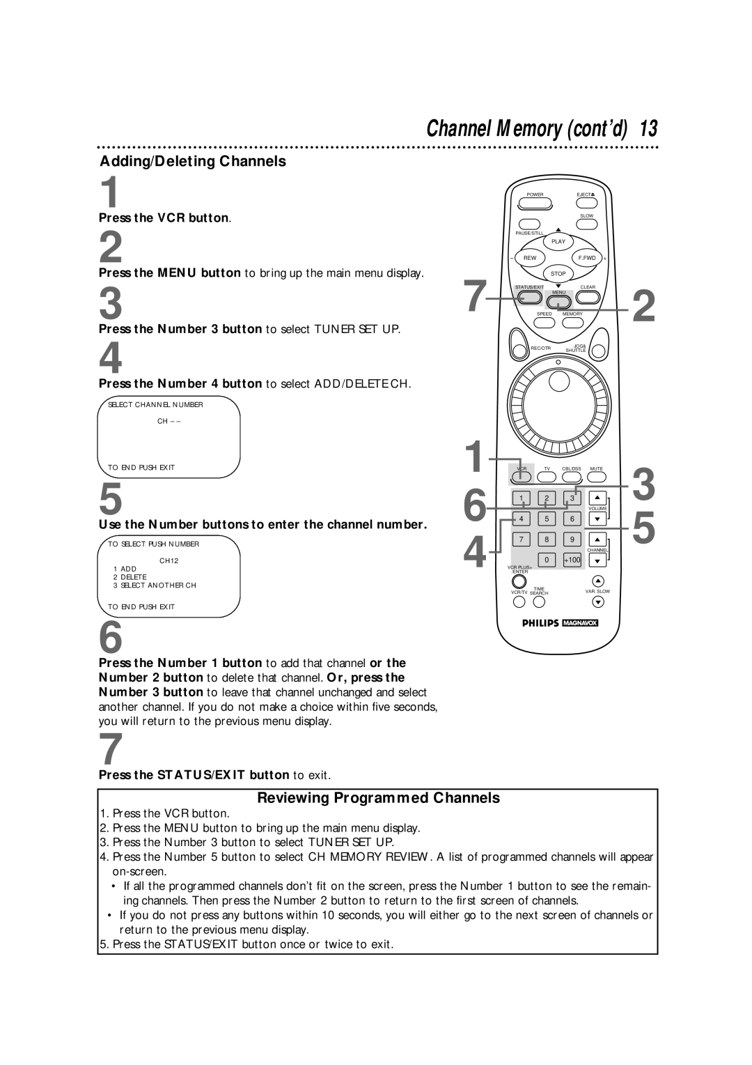 Philips VRX364AT warranty Adding/Deleting Channels, Reviewing Programmed Channels 