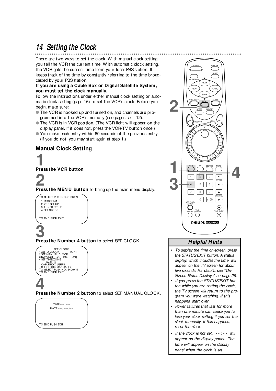 Philips VRX364AT warranty Setting the Clock, Manual Clock Setting, Press the Number 4 button to select SET Clock 