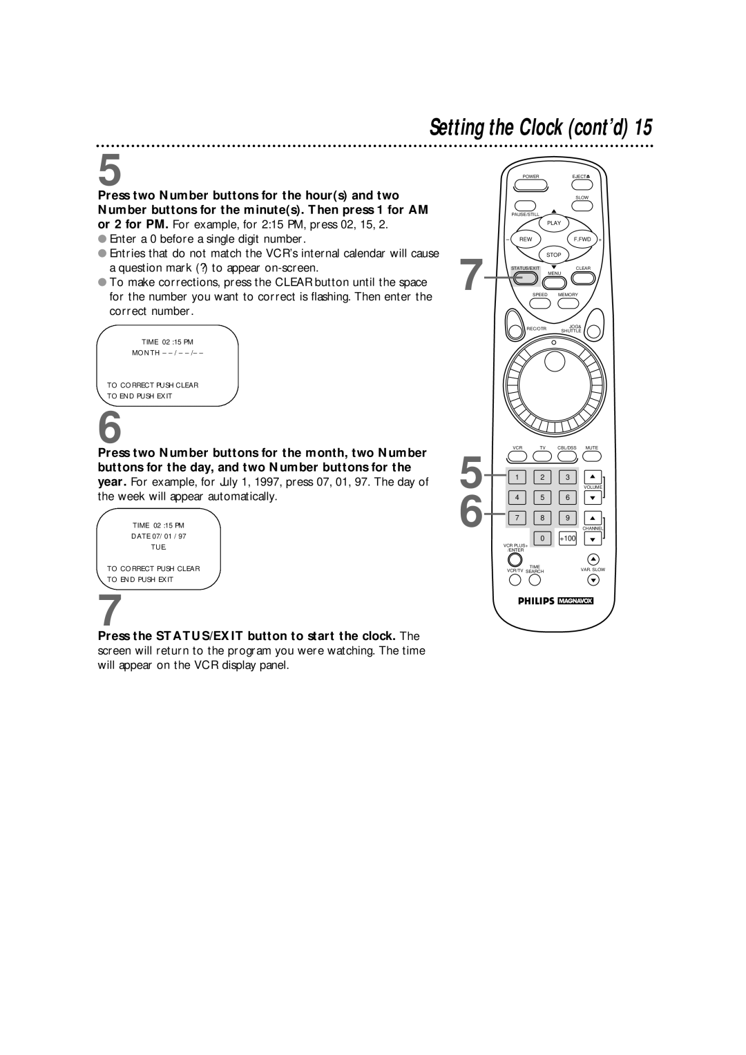 Philips VRX364AT warranty Setting the Clock cont’d 