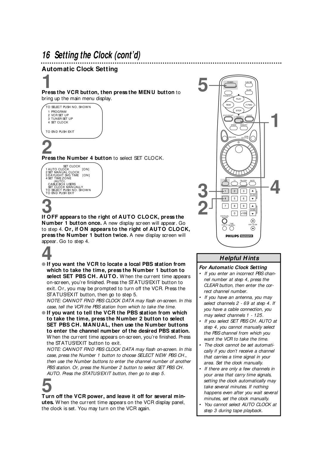 Philips VRX364AT Setting the Clock cont’d, Automatic Clock Setting, Press the VCR button, then press the Menu button to 