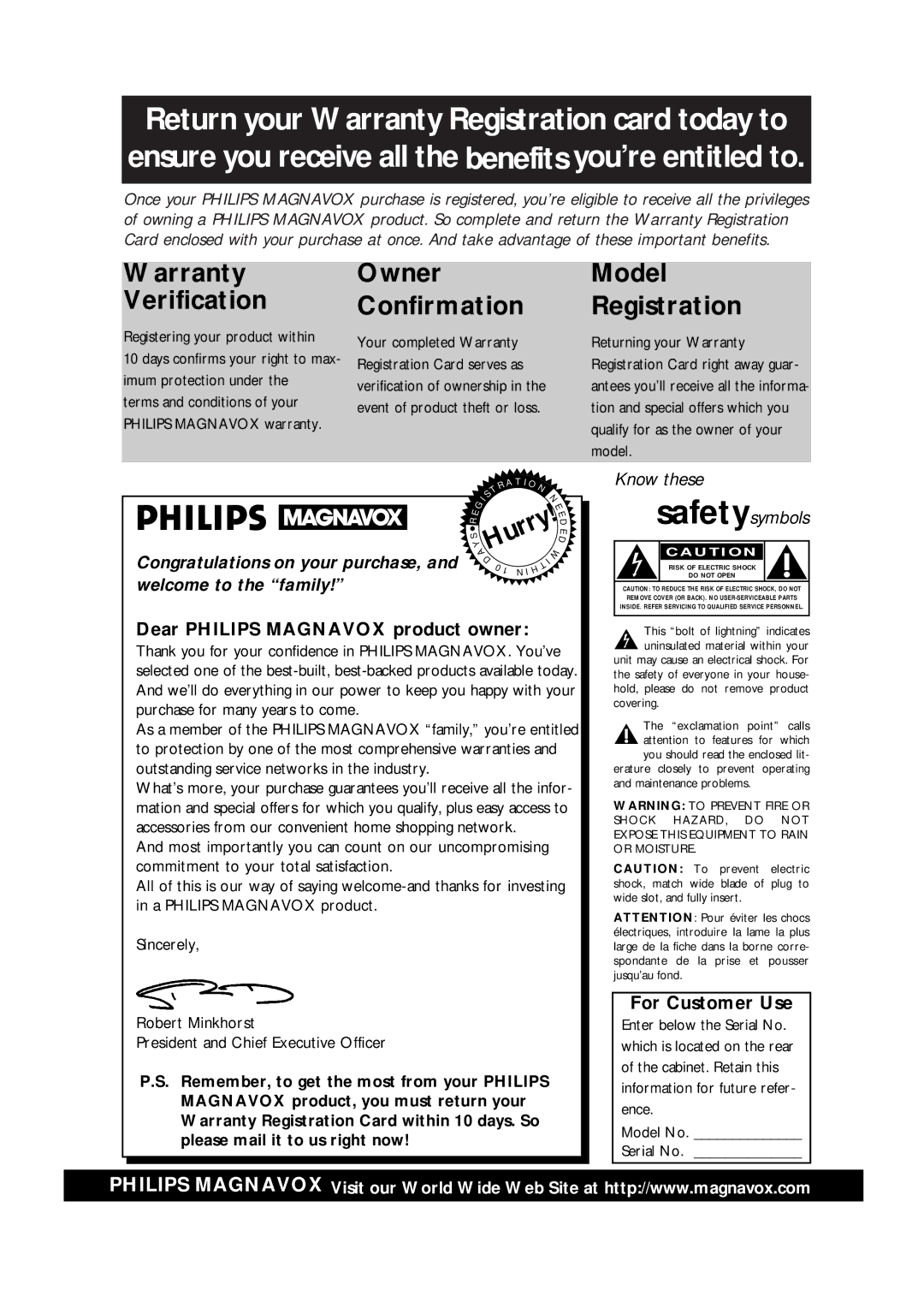 Philips VRX364AT warranty Dear Philips Magnavox product owner, For Customer Use 