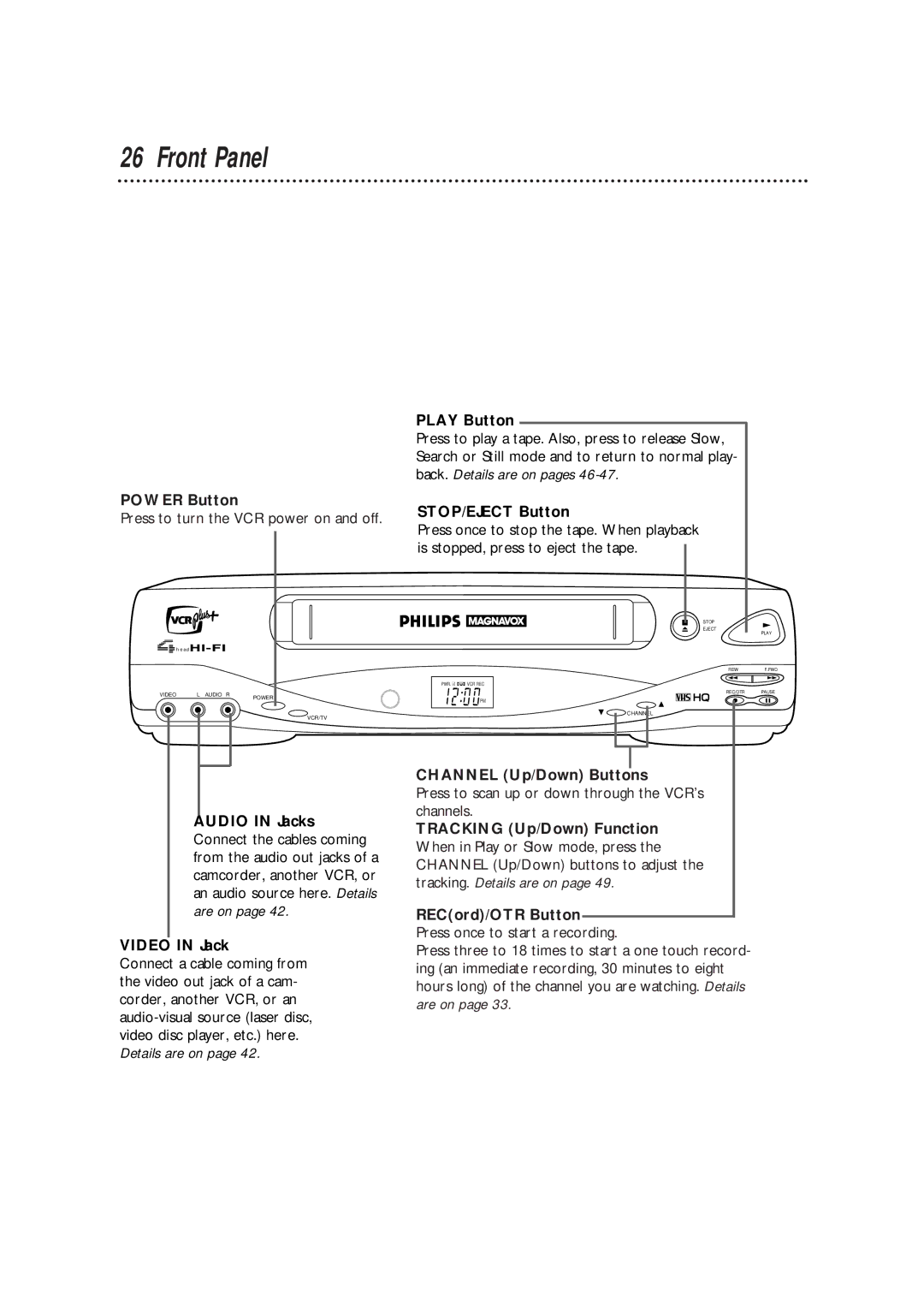 Philips VRX364AT warranty Front Panel, Power Button, Press to turn the VCR power on and off, STOP/EJECT Button 