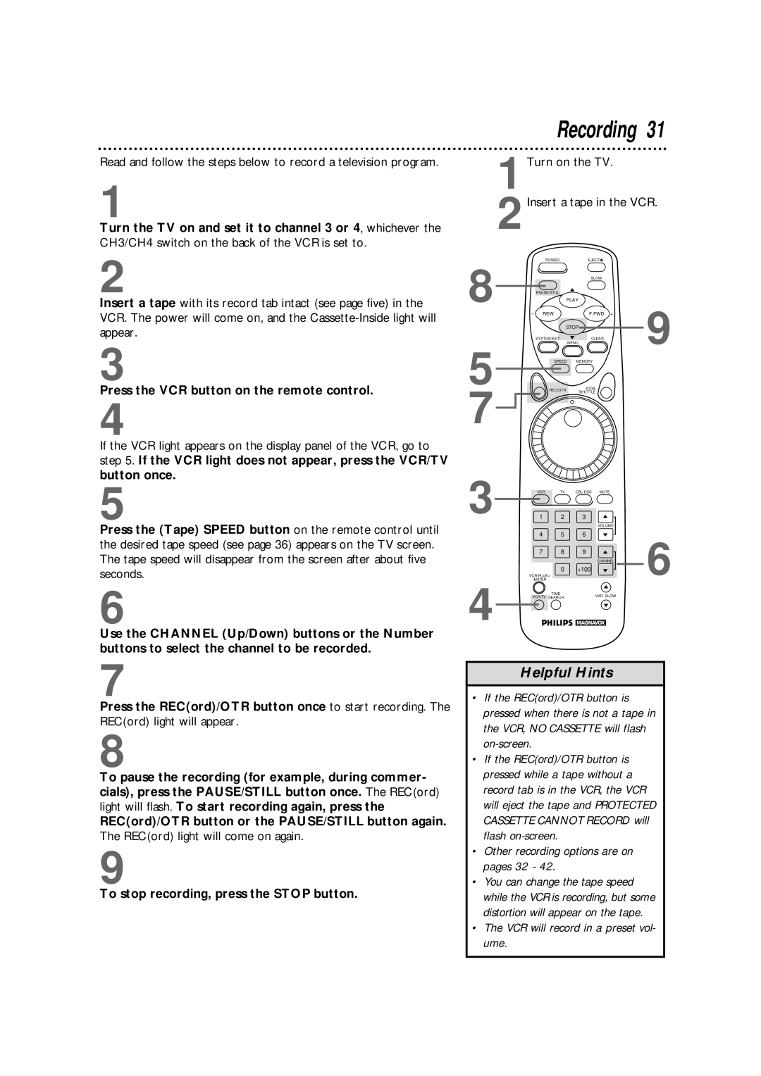 Philips VRX364AT warranty Recording, Press the VCR button on the remote control 