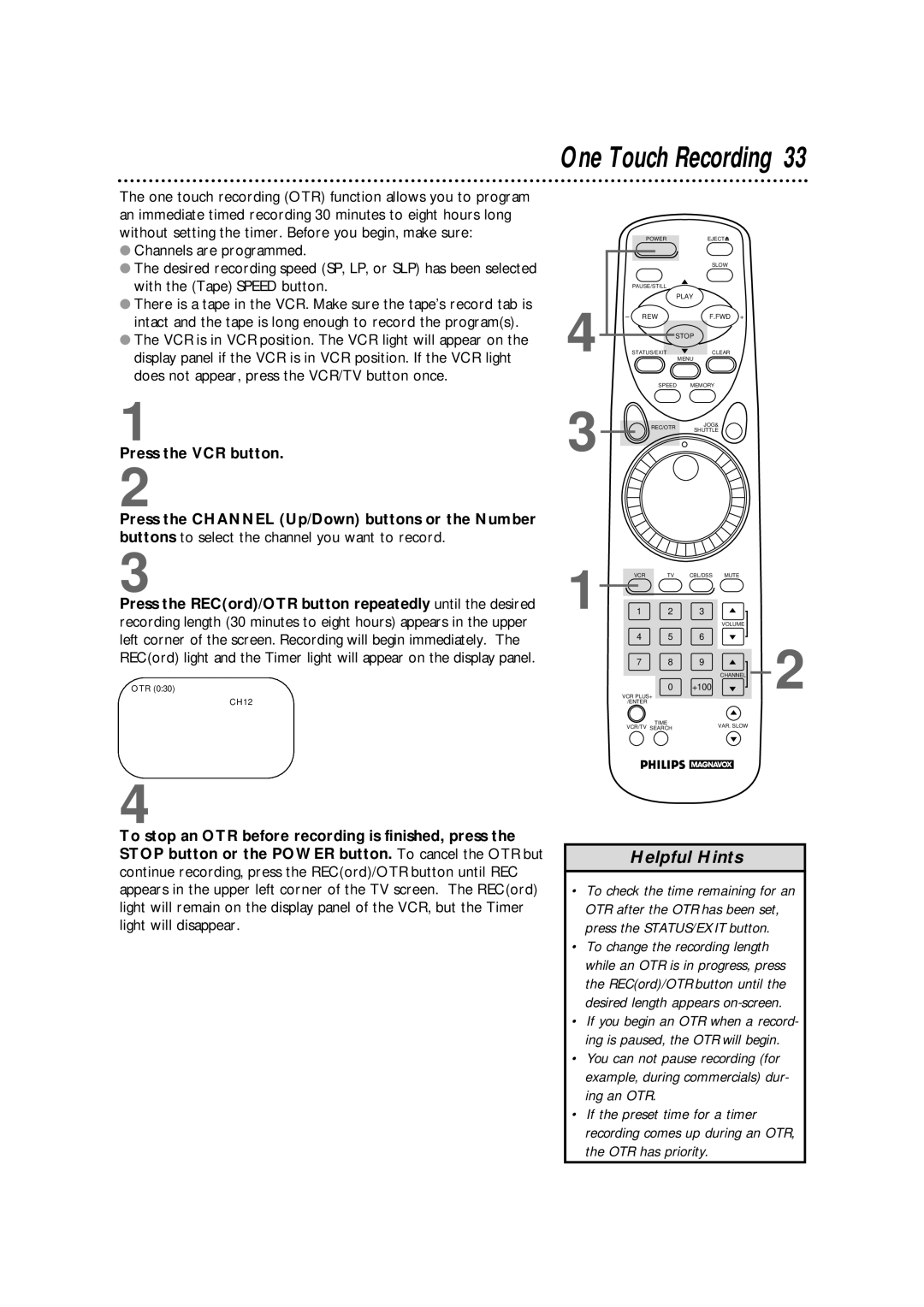 Philips VRX364AT warranty One Touch Recording 