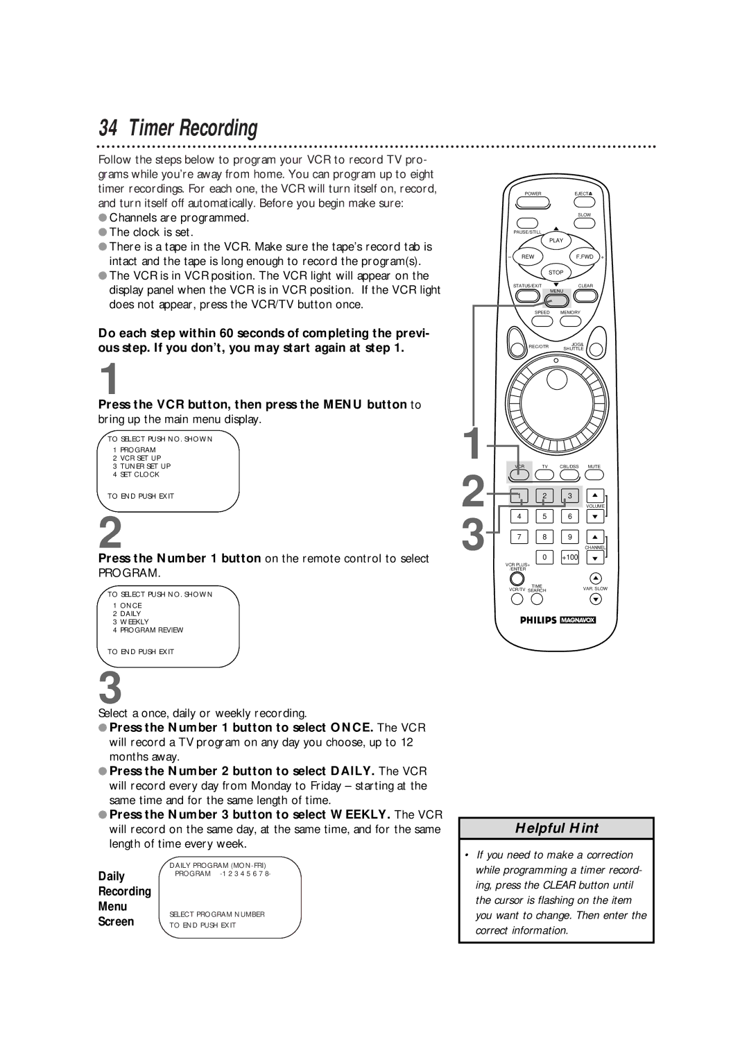 Philips VRX364AT warranty Timer Recording, Daily, Recording Menu, Screen 