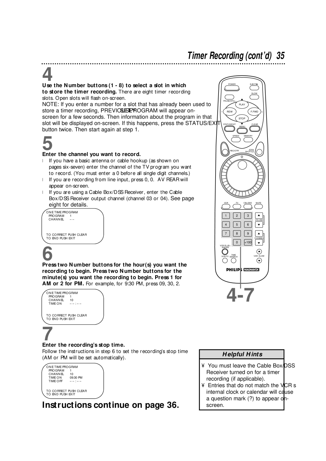 Philips VRX364AT warranty Timer Recording cont’d, Enter the recording’s stop time 