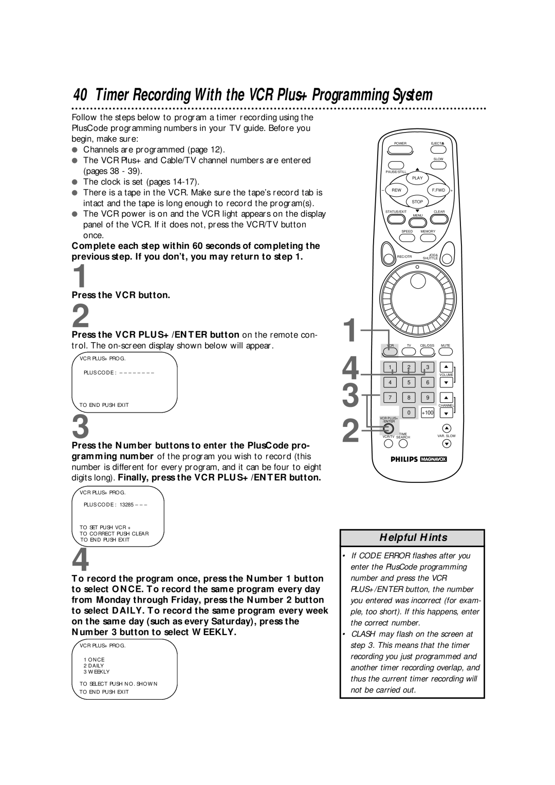 Philips VRX364AT warranty Timer Recording With the VCR Plus+ Programming System 