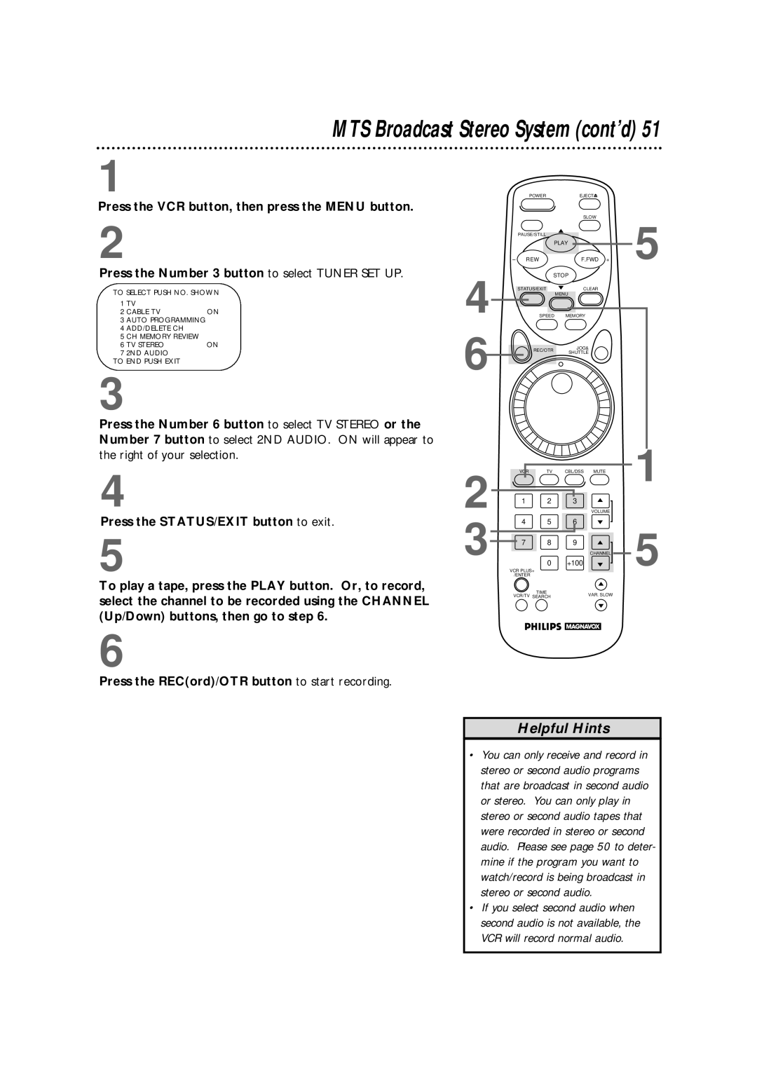 Philips VRX364AT warranty MTS Broadcast Stereo System cont’d, Press the VCR button, then press the Menu button 