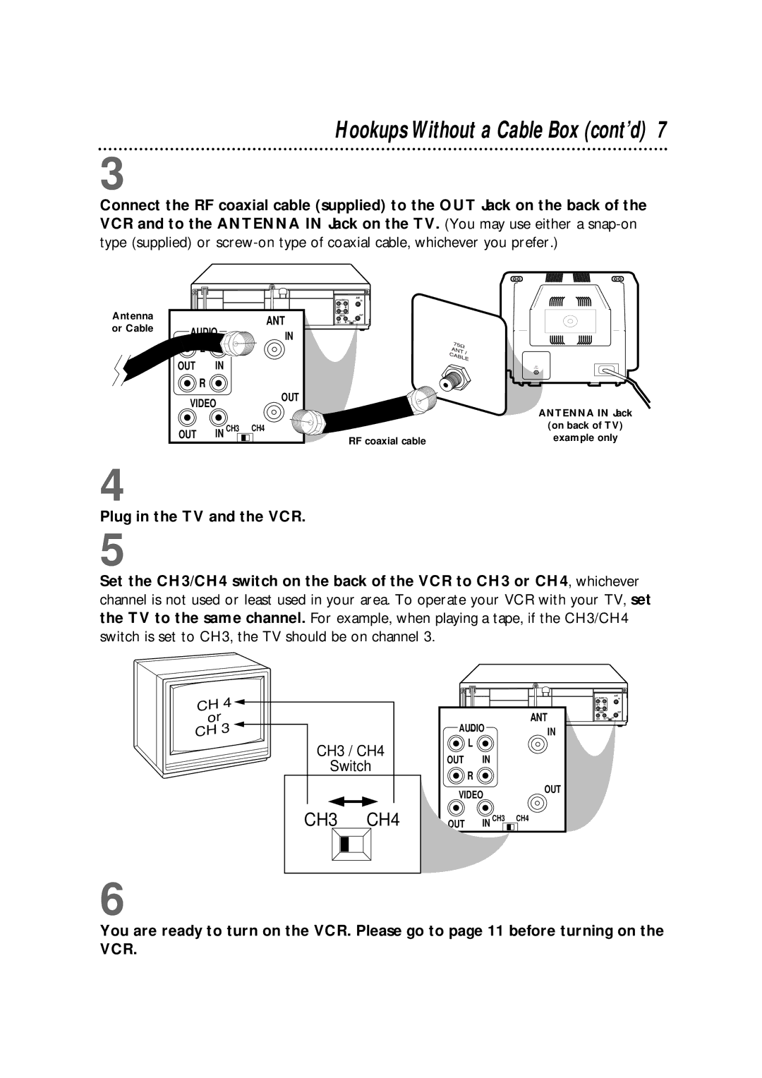 Philips VRX364AT warranty Hookups Without a Cable Box cont’d, Plug in the TV and the VCR 