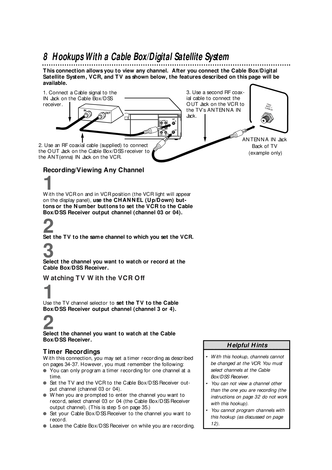 Philips VRX364AT Hookups With a Cable Box/Digital Satellite System, Recording/Viewing Any Channel, Timer Recordings 