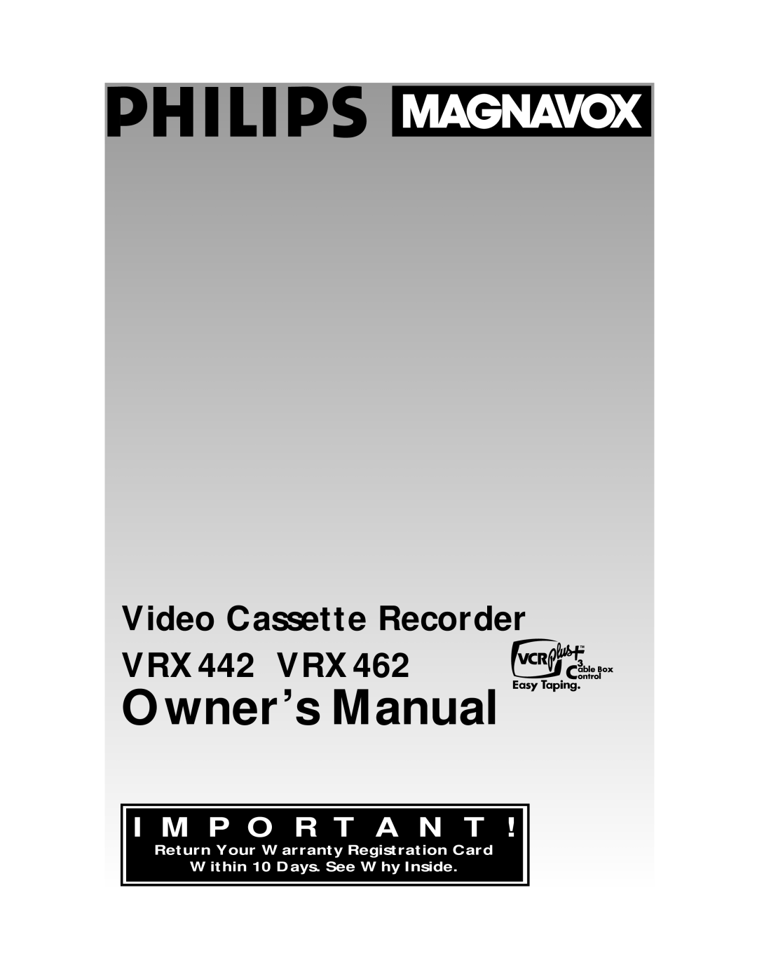 Philips warranty Video Cassette Recorder VRX442 VRX462 