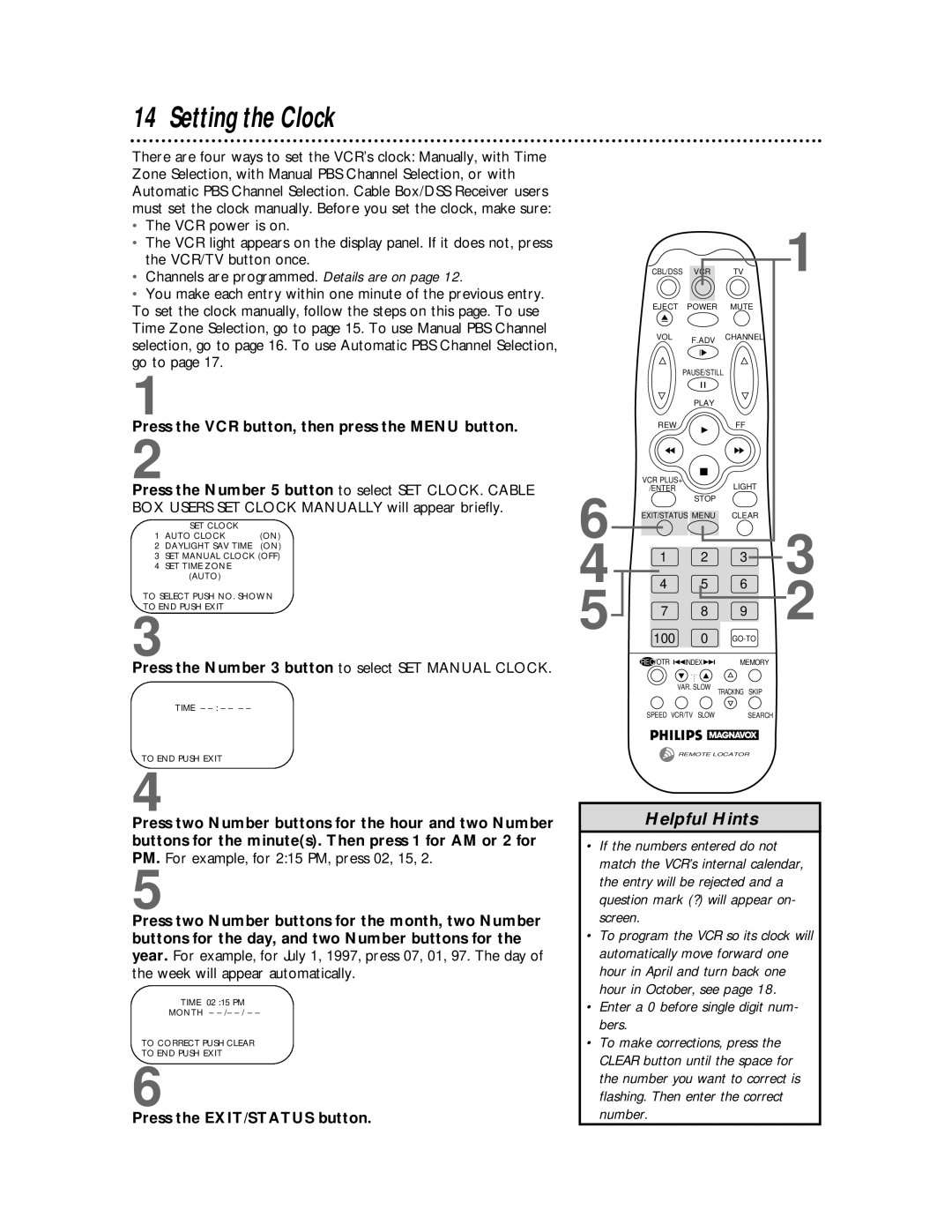 Philips VRX442 Setting the Clock, Press the VCR button, then press the Menu button, Press the EXIT/STATUS button, Number 