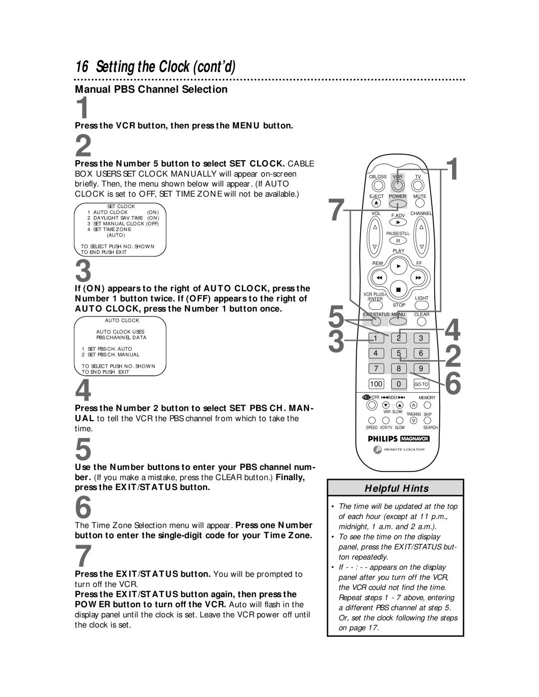 Philips VRX442, VRX462 warranty Setting the Clock cont’d, Manual PBS Channel Selection 