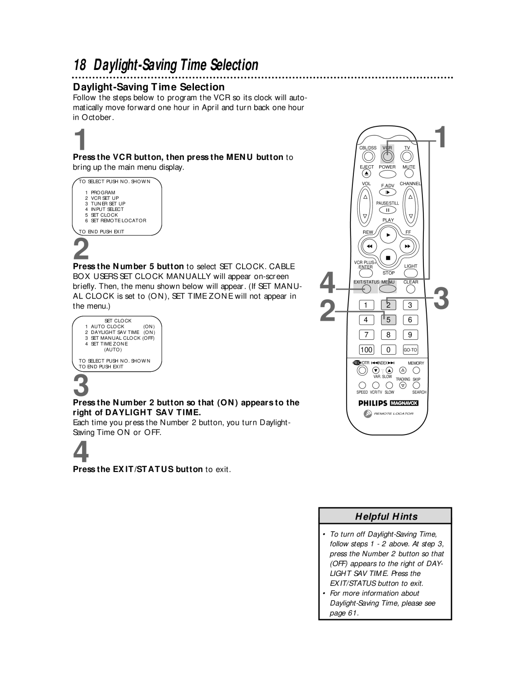 Philips VRX442, VRX462 warranty Daylight-Saving Time Selection, Press the EXIT/STATUS button to exit 