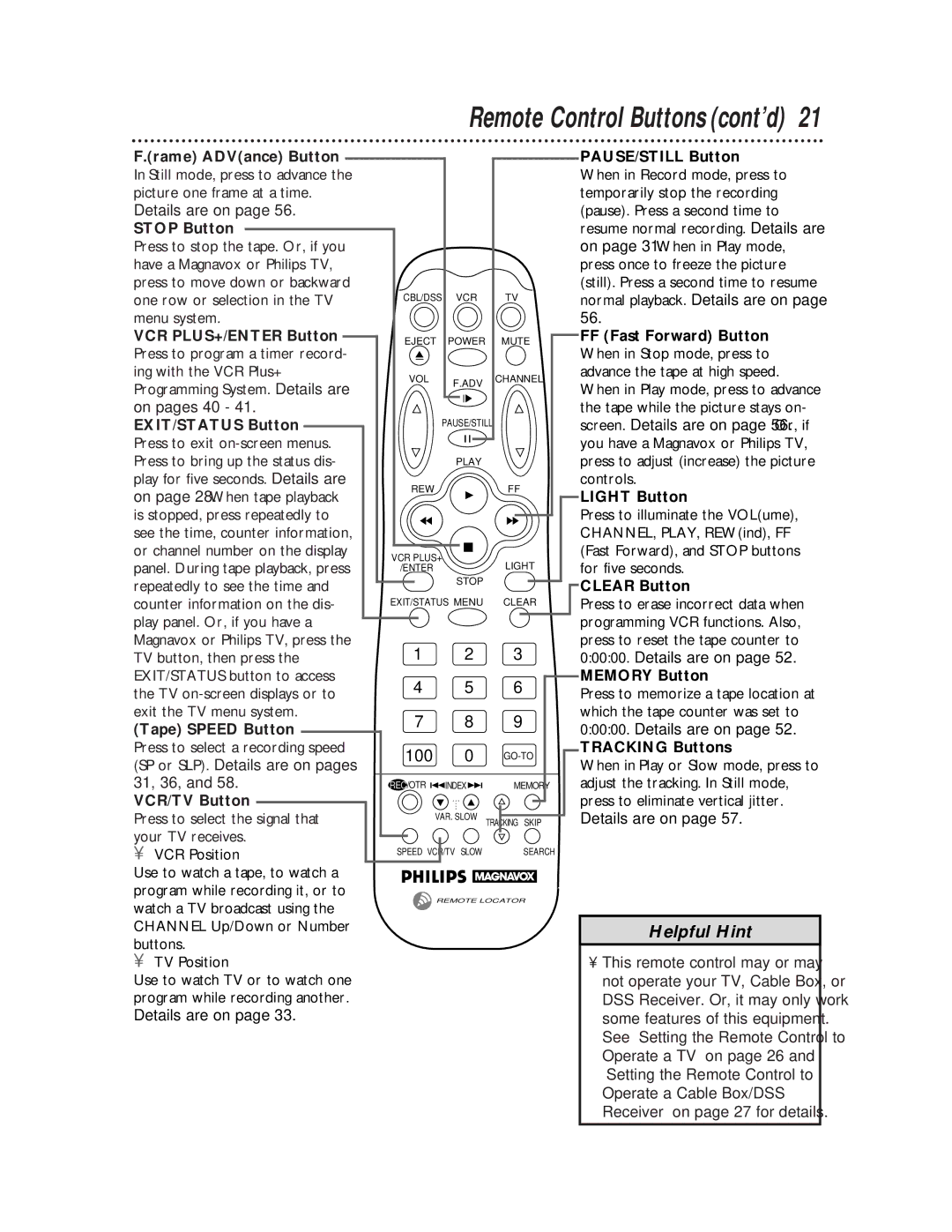 Philips VRX462, VRX442 Rame ADVance Button, Stop Button, VCR PLUS+/ENTER Button, EXIT/STATUS Button, Tape Speed Button 