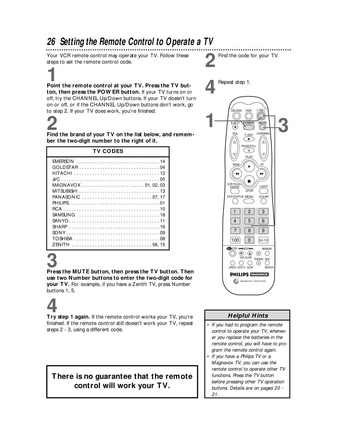 Philips VRX442, VRX462 warranty Setting the Remote Control to Operate a TV, Find the code for your TV Repeat step 