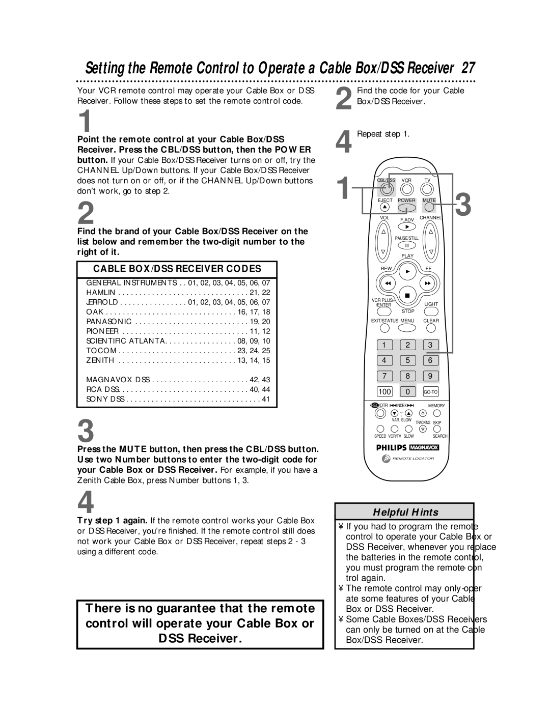 Philips VRX462, VRX442 warranty Cable BOX/DSS Receiver Codes, Find the code for your Cable Box/DSS Receiver Repeat step 