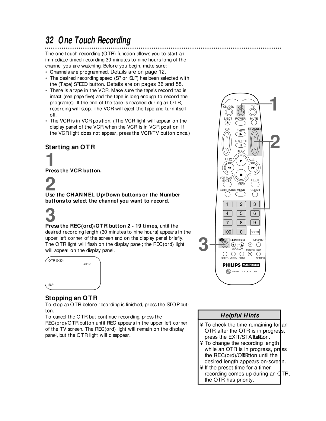 Philips VRX442, VRX462 One Touch Recording, Starting an OTR, Stopping an OTR, Tape Speed button. Details are on pages 36 