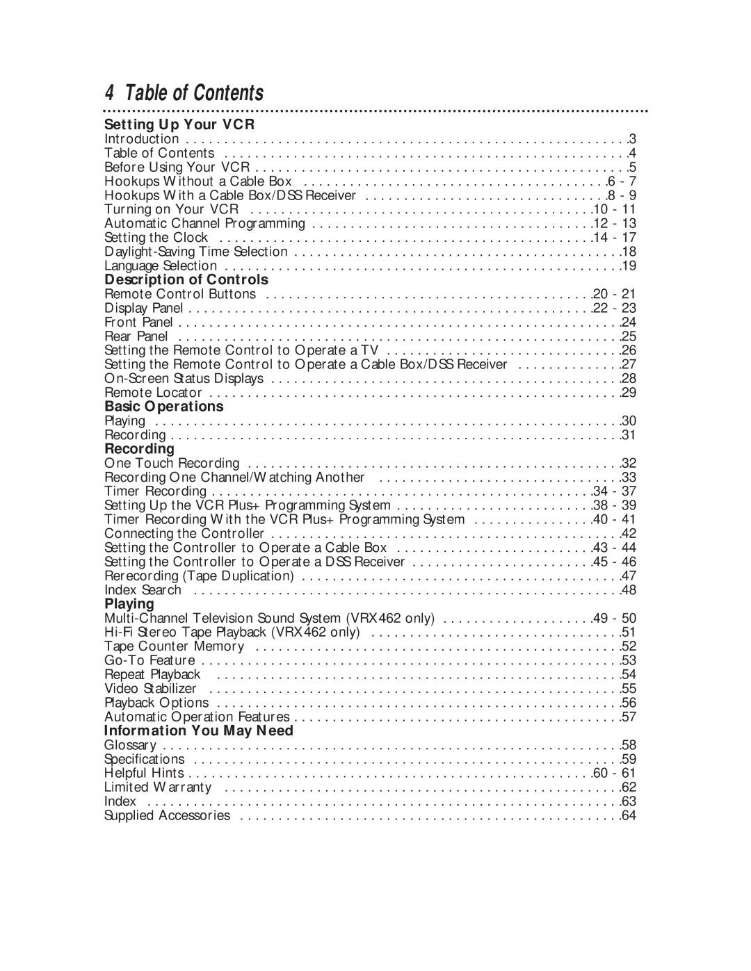 Philips VRX442, VRX462 warranty Table of Contents 