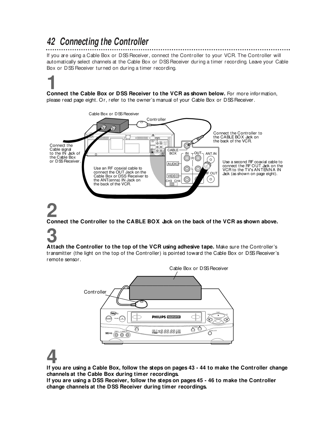 Philips VRX442, VRX462 warranty Connecting the Controller, Cable Box or DSS Receiver Controller 