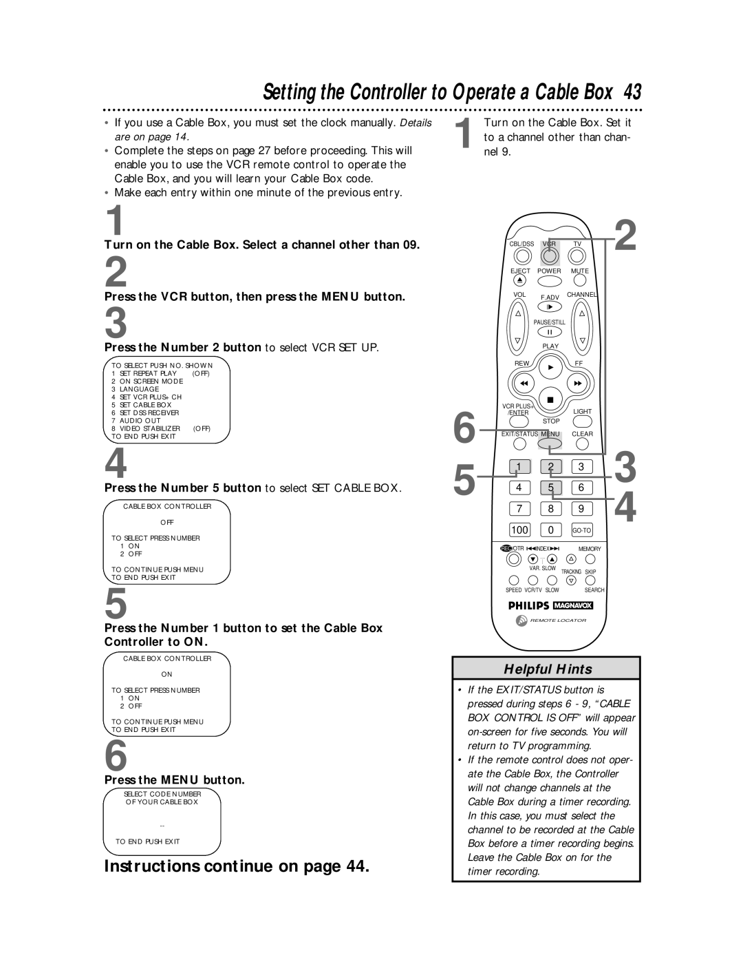 Philips VRX462, VRX442 warranty Press the Number 5 button to select SET Cable BOX, Press the Menu button, Timer recording 