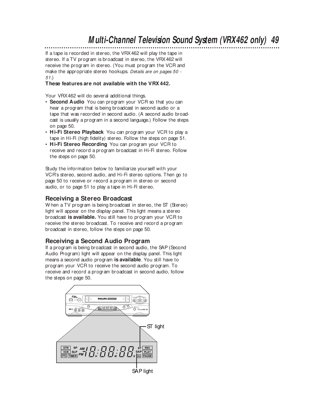 Philips VRX462, VRX442 warranty Receiving a Stereo Broadcast, Receiving a Second Audio Program 