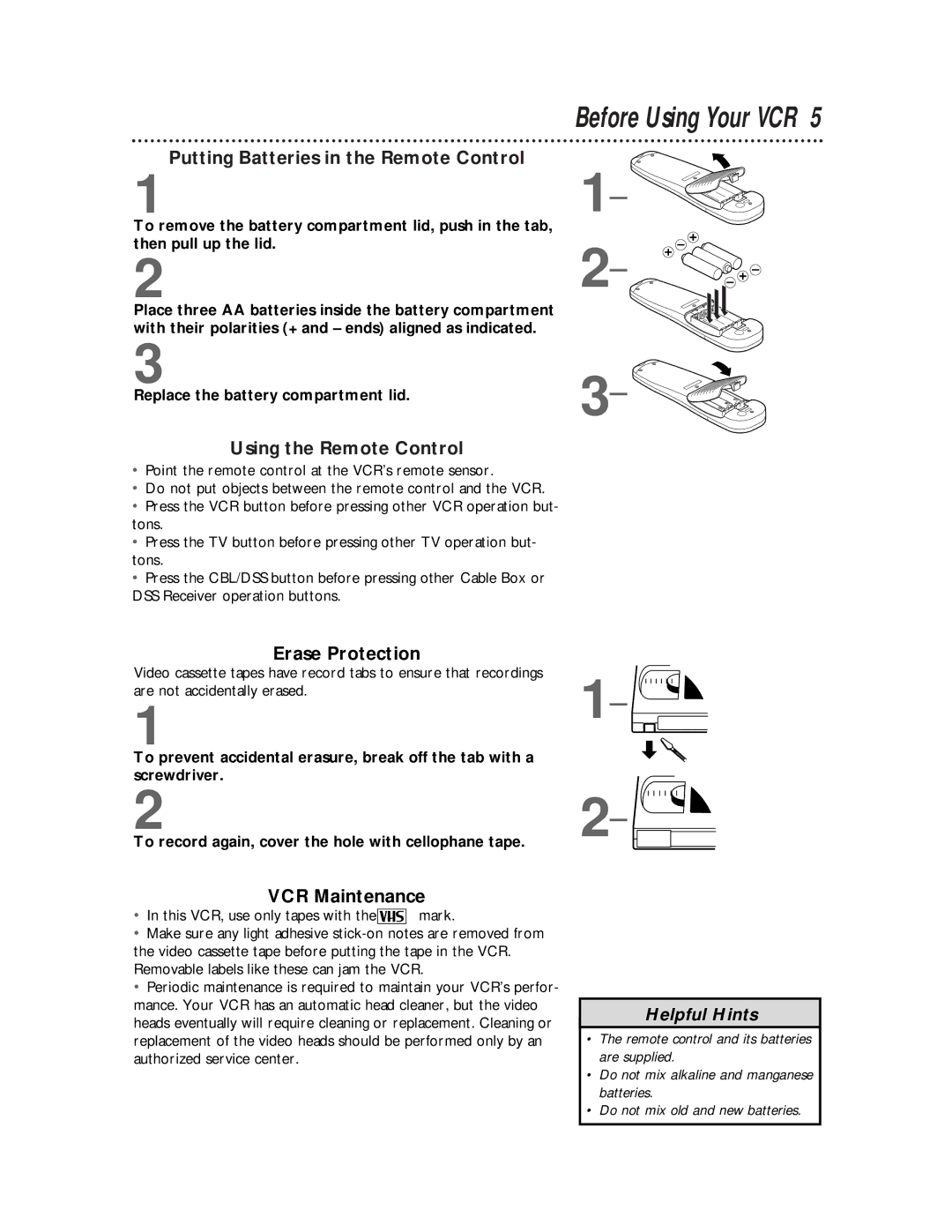 Philips VRX462 Before Using Your VCR, Putting Batteries in the Remote Control, Using the Remote Control, Erase Protection 