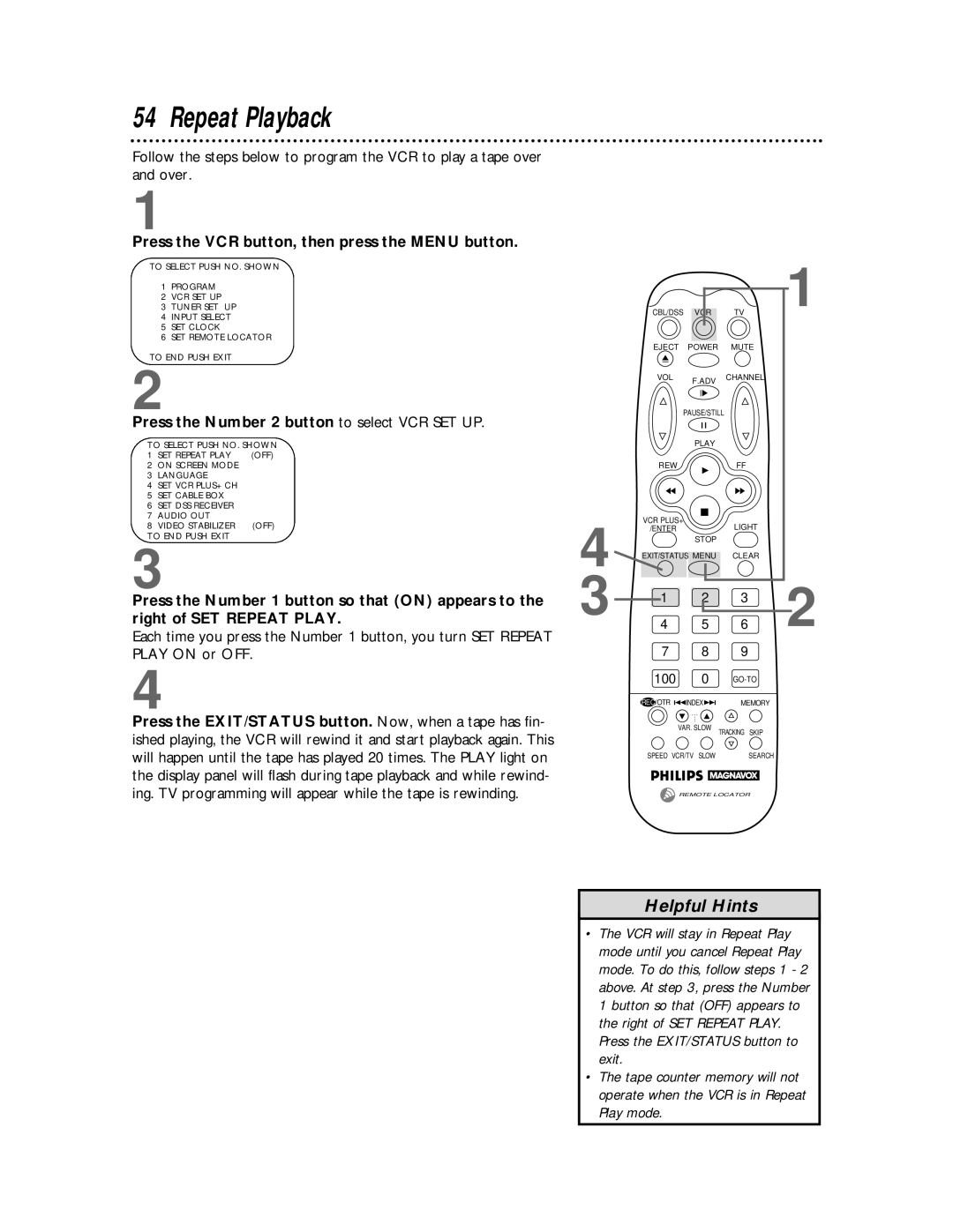 Philips VRX442, VRX462 warranty Repeat Playback, Play mode 