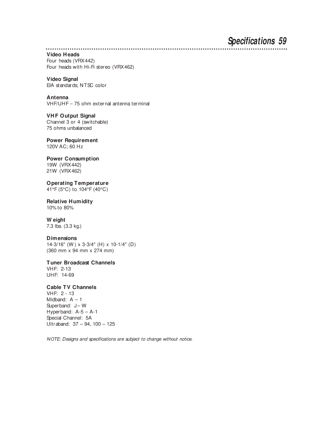 Philips VRX462, VRX442 warranty Specifications 