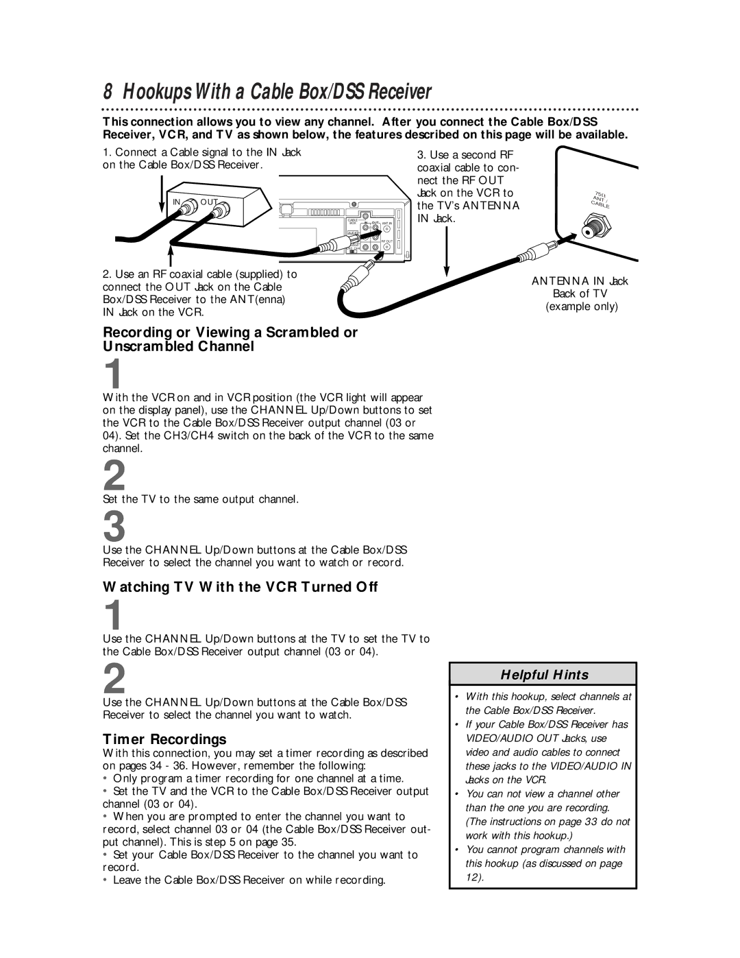 Philips VRX442, VRX462 Hookups With a Cable Box/DSS Receiver, Recording or Viewing a Scrambled or Unscrambled Channel 