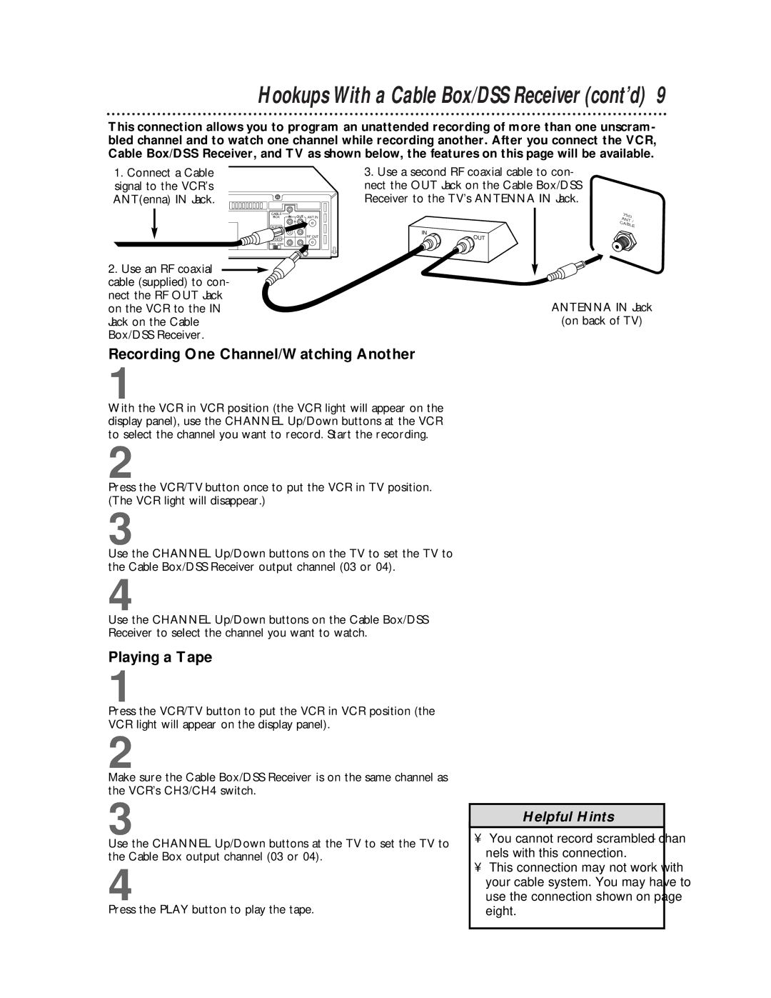 Philips VRX462 Hookups With a Cable Box/DSS Receiver cont’d, Recording One Channel/Watching Another, Playing a Tape 