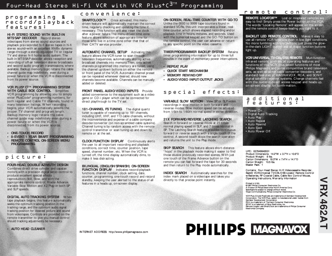 Philips VRX462AT manual •One-Touchrecord, Remote Control On-Screenmenu Programming, Four-Head,Double Azimuth Design 