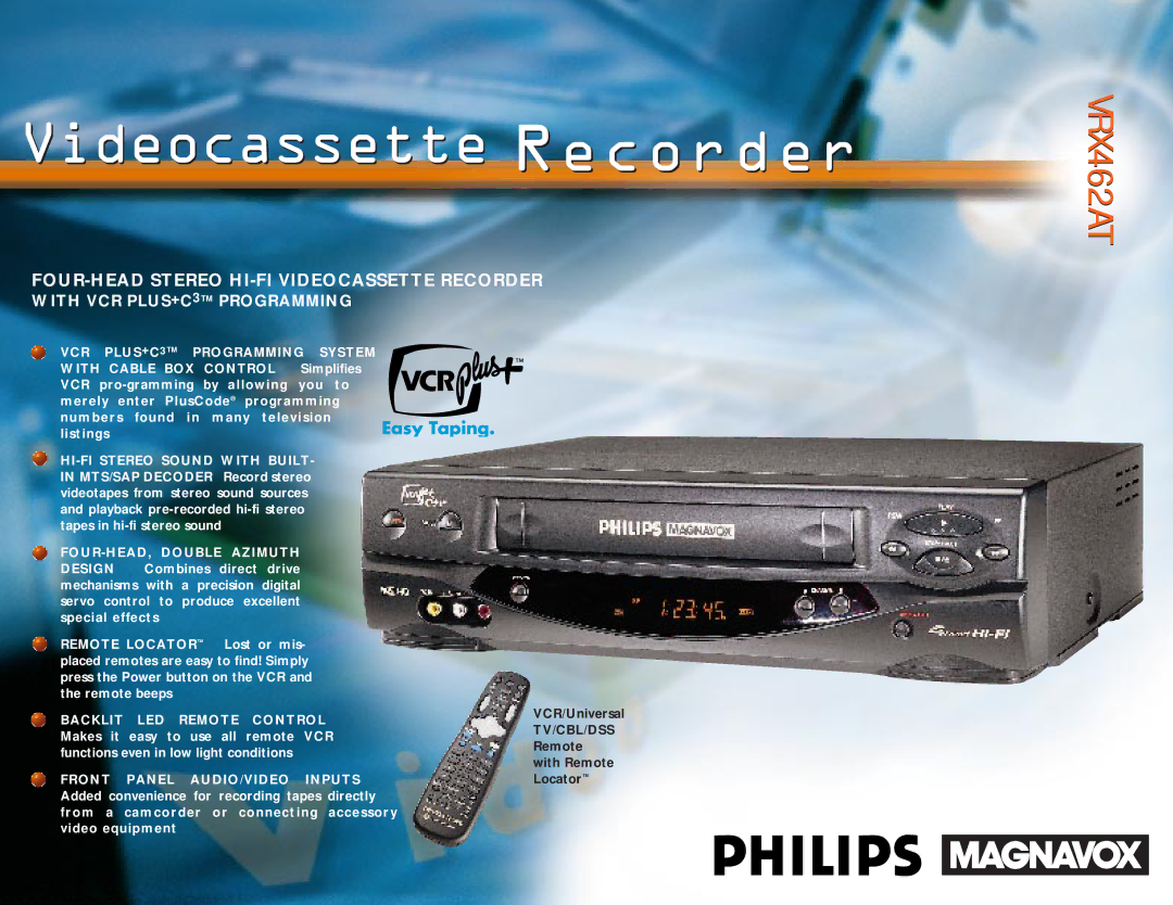 Philips VRX462AT manual Videocassette Recorder 