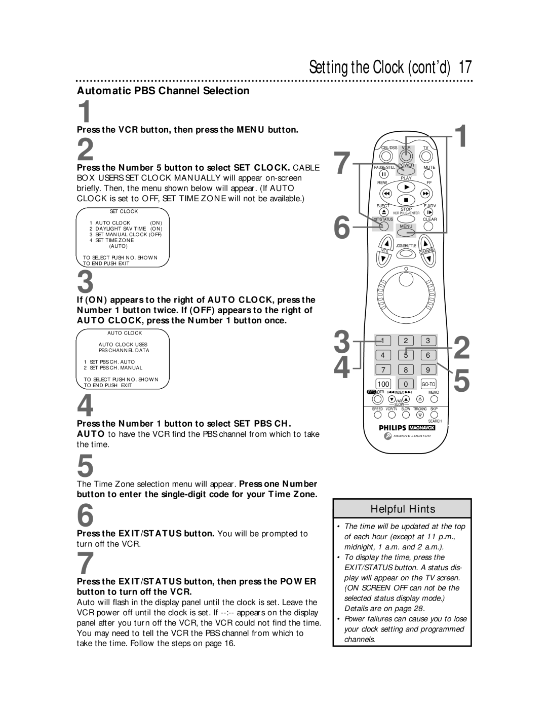 Philips VRX463 warranty Setting the Clock cont’d, Automatic PBS Channel Selection 