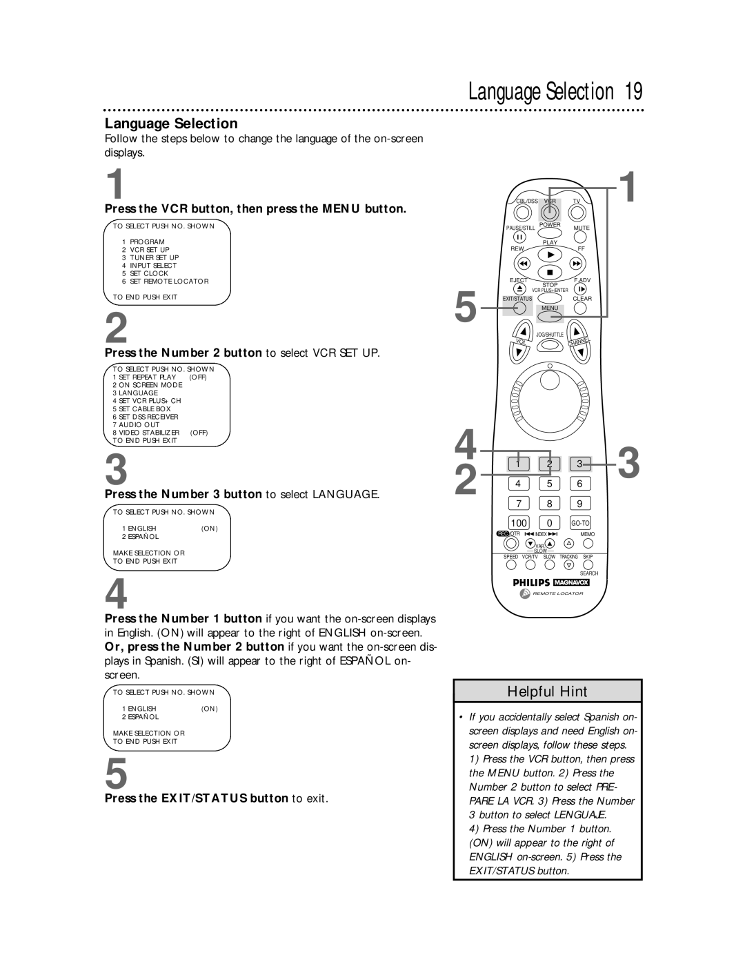 Philips VRX463 warranty Language Selection, Press the Number 2 button to select VCR SET UP 