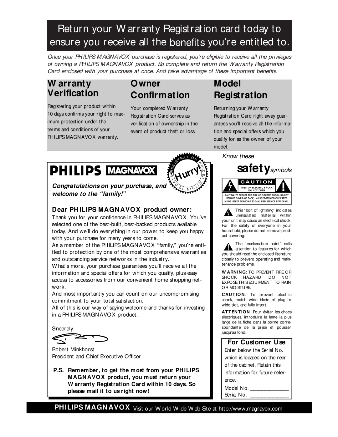 Philips VRX463 warranty Dear Philips Magnavox product owner, For Customer Use 