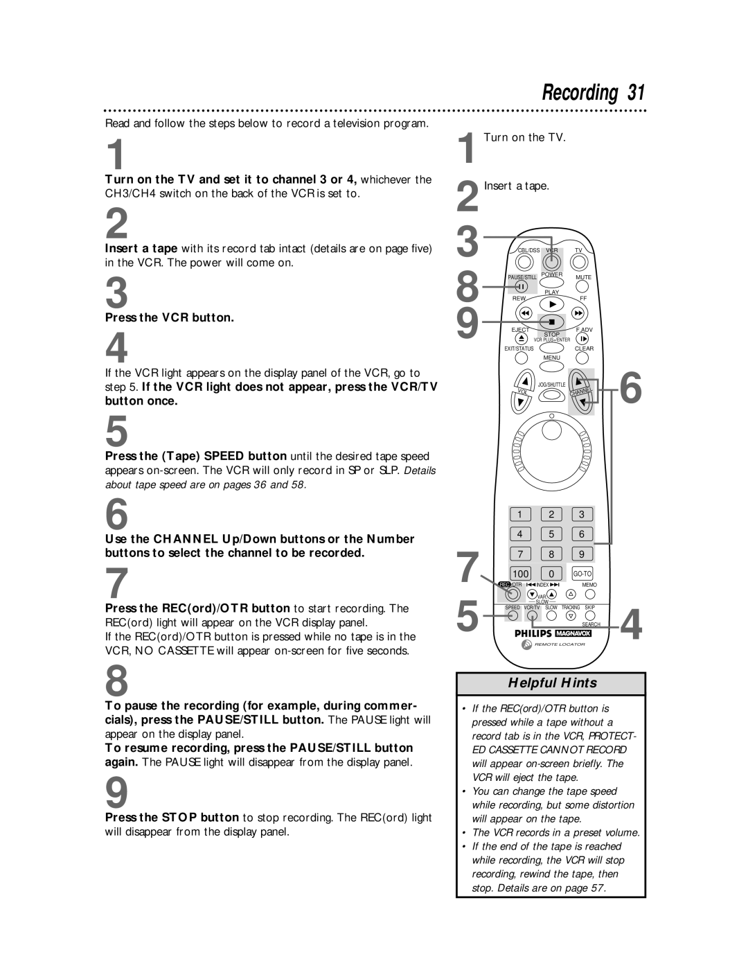 Philips VRX463 warranty Recording, Appear on the display panel 