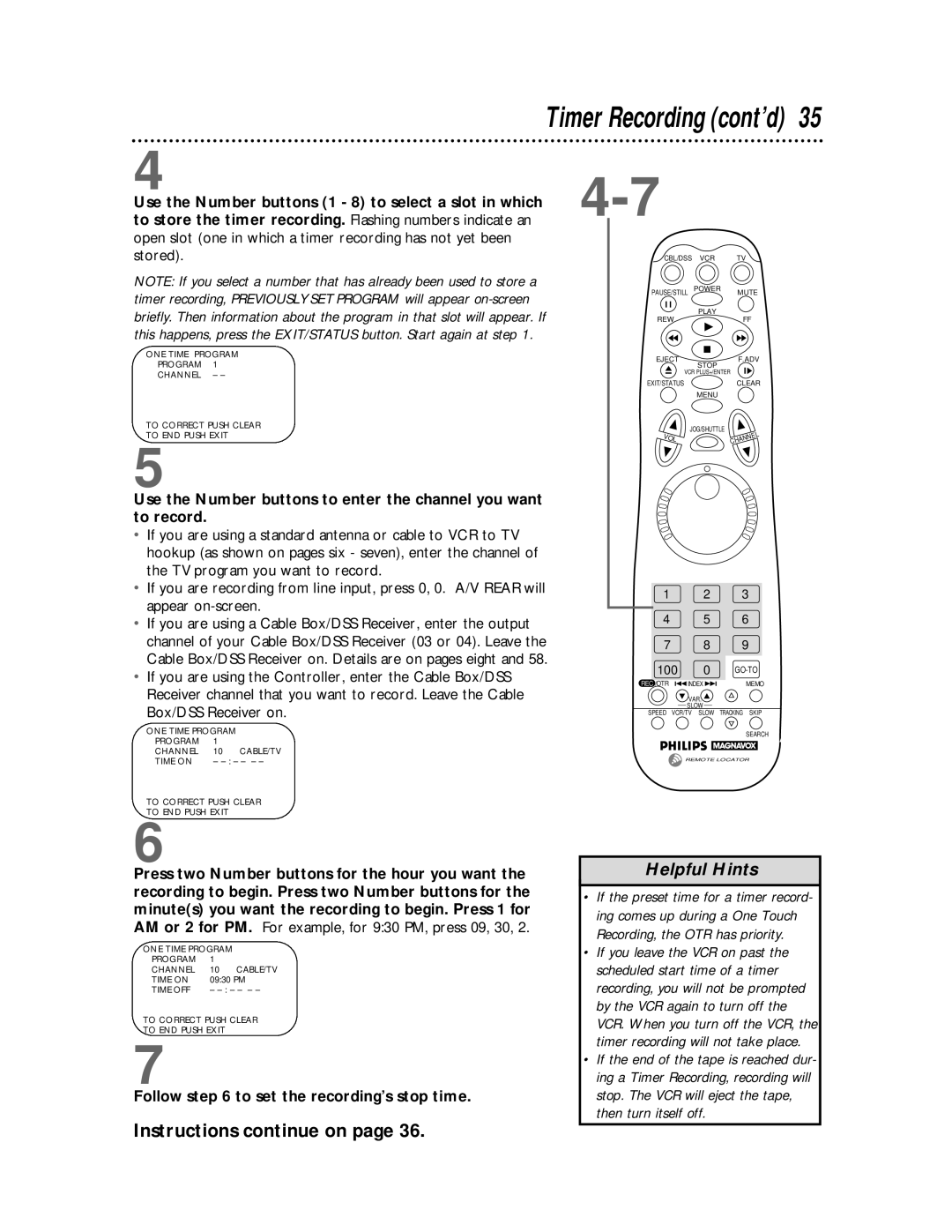 Philips VRX463 warranty Instructions continue on, Box/DSS Receiver on, Follow to set the recording’s stop time 