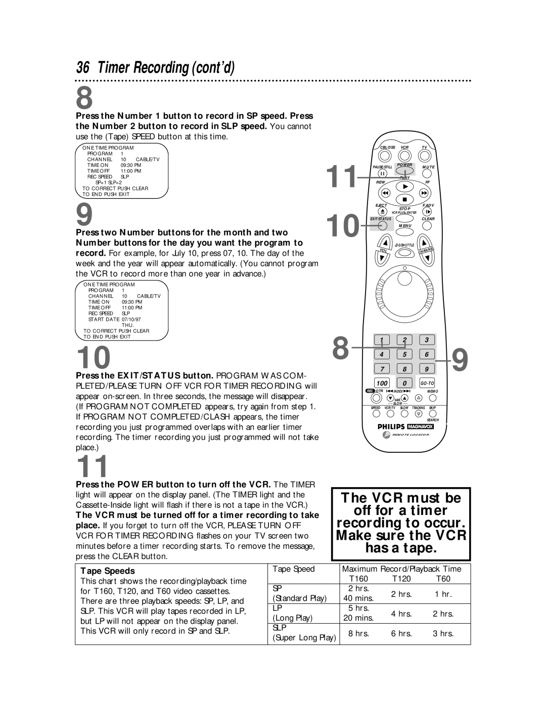 Philips VRX463 warranty Timer Recording cont’d, Tape Speeds 