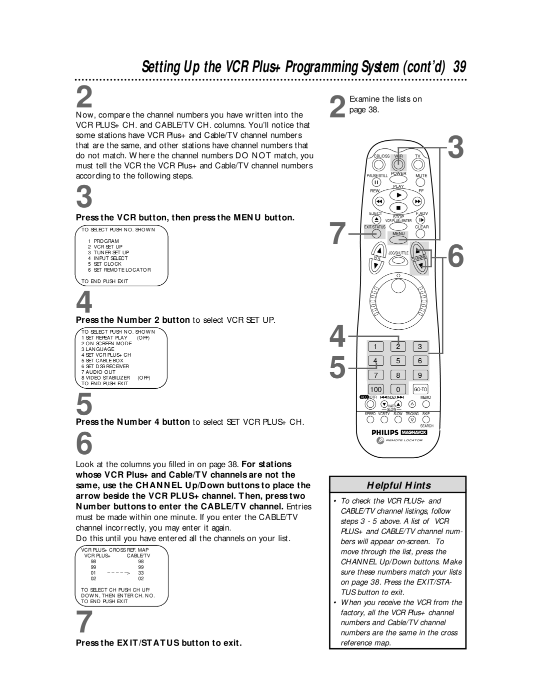 Philips VRX463 warranty Setting Up the VCR Plus+ Programming System cont’d 